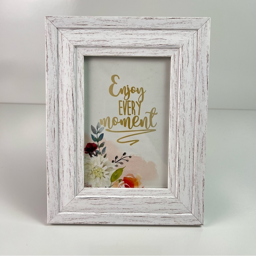 White Wood Washed Farmhouse Style Photo Frame with “Enjoy Every Moment” quote